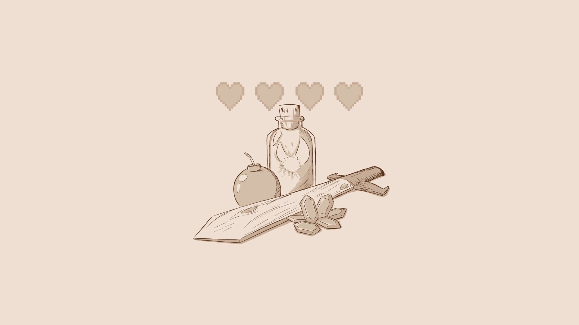 HD desktop wallpaper featuring a minimalistic design from The Legend of Zelda with a sword, shield, and three hearts.