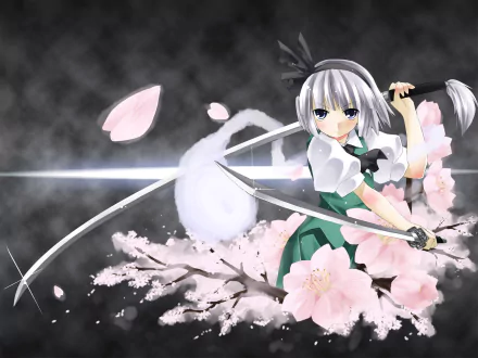 HD PC desktop wallpaper of Youmu Konpaku (Myon) from Touhou: anime-style Youmu brandishing her sword among pink cherry blossoms and swirling spirit energy on a smoky gray background.