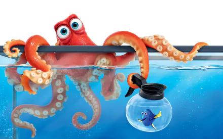 Hank the octopus playfully interacts with Dory in a vibrant underwater scene from Finding Dory. This HD wallpaper captures the fun spirit of the beloved movie.