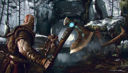 HD desktop wallpaper featuring Kratos from the 2018 video game God of War, showcasing an intense battle scene in a snowy, forested environment with a mystical axe.