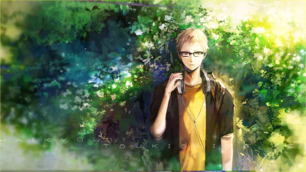 A vibrant HD anime wallpaper featuring Kei Tsukishima from Haikyū!!, wearing headphones and standing amidst a lush, green backdrop filled with blooming plants.
