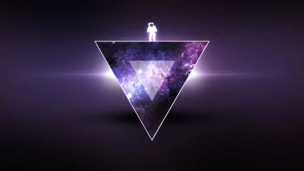 A sleek HD desktop wallpaper featuring a futuristic astronaut standing atop a glowing triangle, surrounded by a vibrant purple galaxy, embodying a Sci-Fi aesthetic.