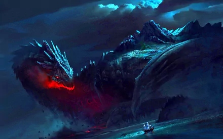 HD fantasy PC wallpaper featuring a massive, glowing red-eyed dragon looming over snowy mountains beneath a stormy night sky.