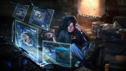 A cyberpunk-themed desktop wallpaper featuring a figure immersed in holographic computer screens, surrounded by a messy futuristic environment, capturing a high-tech atmosphere.