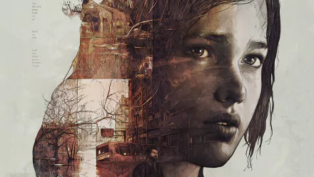 HD desktop wallpaper featuring Ellie from the video game The Last of Us, with a detailed, artistic blend of her face and post-apocalyptic urban scenery.