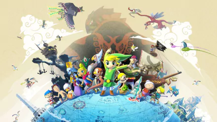 HD desktop wallpaper featuring characters from The Legend of Zelda: The Wind Waker, including Link, Tetra, and Ganondorf.