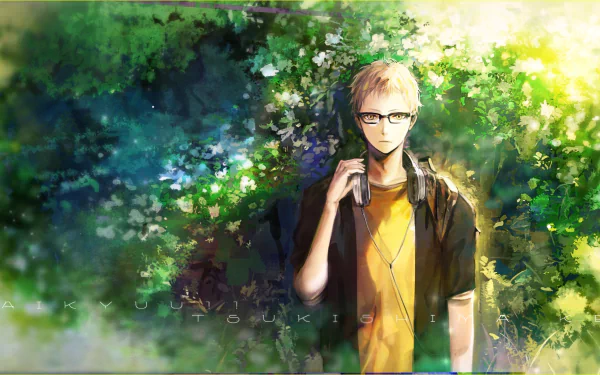 A vibrant HD anime wallpaper featuring Kei Tsukishima from Haikyū!!, wearing headphones and standing amidst a lush, green backdrop filled with blooming plants.