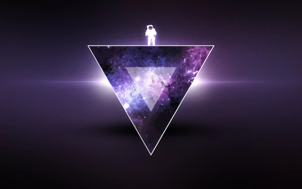 A sleek HD desktop wallpaper featuring a futuristic astronaut standing atop a glowing triangle, surrounded by a vibrant purple galaxy, embodying a Sci-Fi aesthetic.