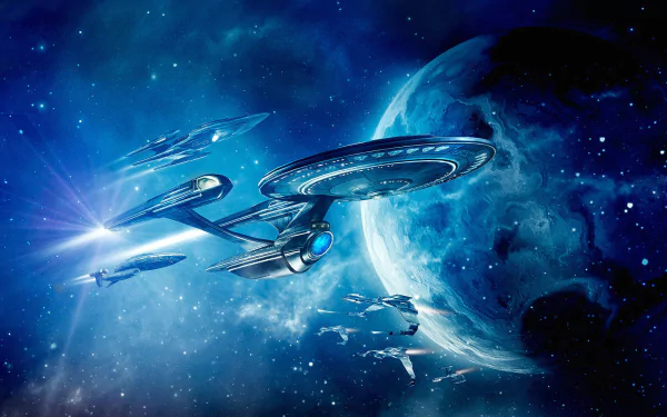 A stunning HD wallpaper featuring starships from *Star Trek Beyond* soaring through a vibrant cosmic scene with a distant blue planet and space elements.
