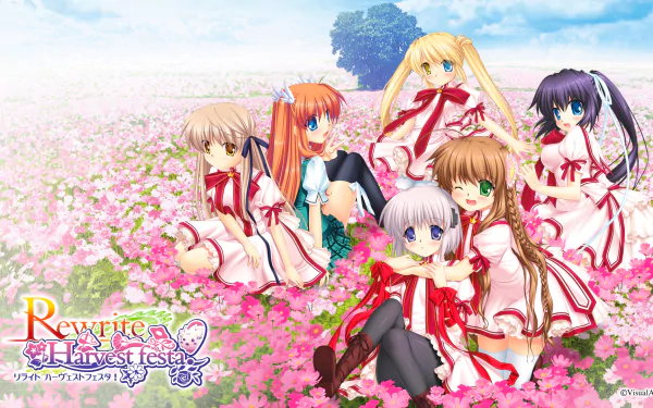 A vibrant HD desktop wallpaper featuring characters from the anime Rewrite, including Chihaya Ohtori, Shizuru Nakatsu, Kotori Kanbe, Akane Senri, Lucia Konohana, and Kagari, set in a flower-filled landscape.