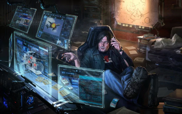 A cyberpunk-themed desktop wallpaper featuring a figure immersed in holographic computer screens, surrounded by a messy futuristic environment, capturing a high-tech atmosphere.