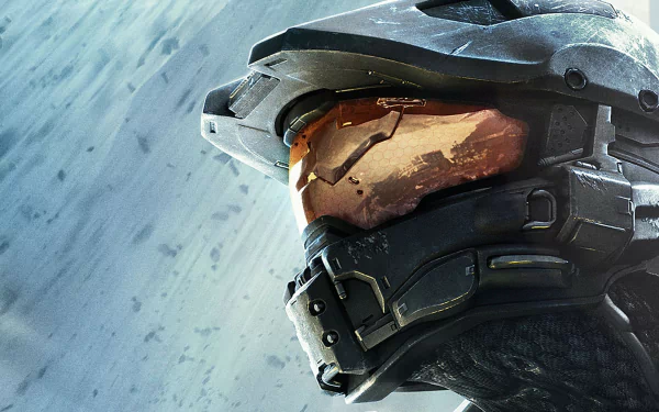 A high-definition desktop wallpaper featuring a close-up of a character from Halo 4, showcasing detailed armor and a reflective visor against a dynamic background.