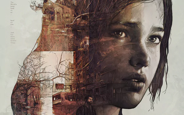 HD desktop wallpaper featuring Ellie from the video game The Last of Us, with a detailed, artistic blend of her face and post-apocalyptic urban scenery.