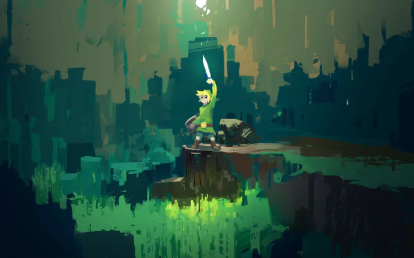 A vibrant HD desktop wallpaper from The Legend of Zelda features a character raising a sword amidst a mystical landscape, surrounded by lush greenery and intricate ruins.
