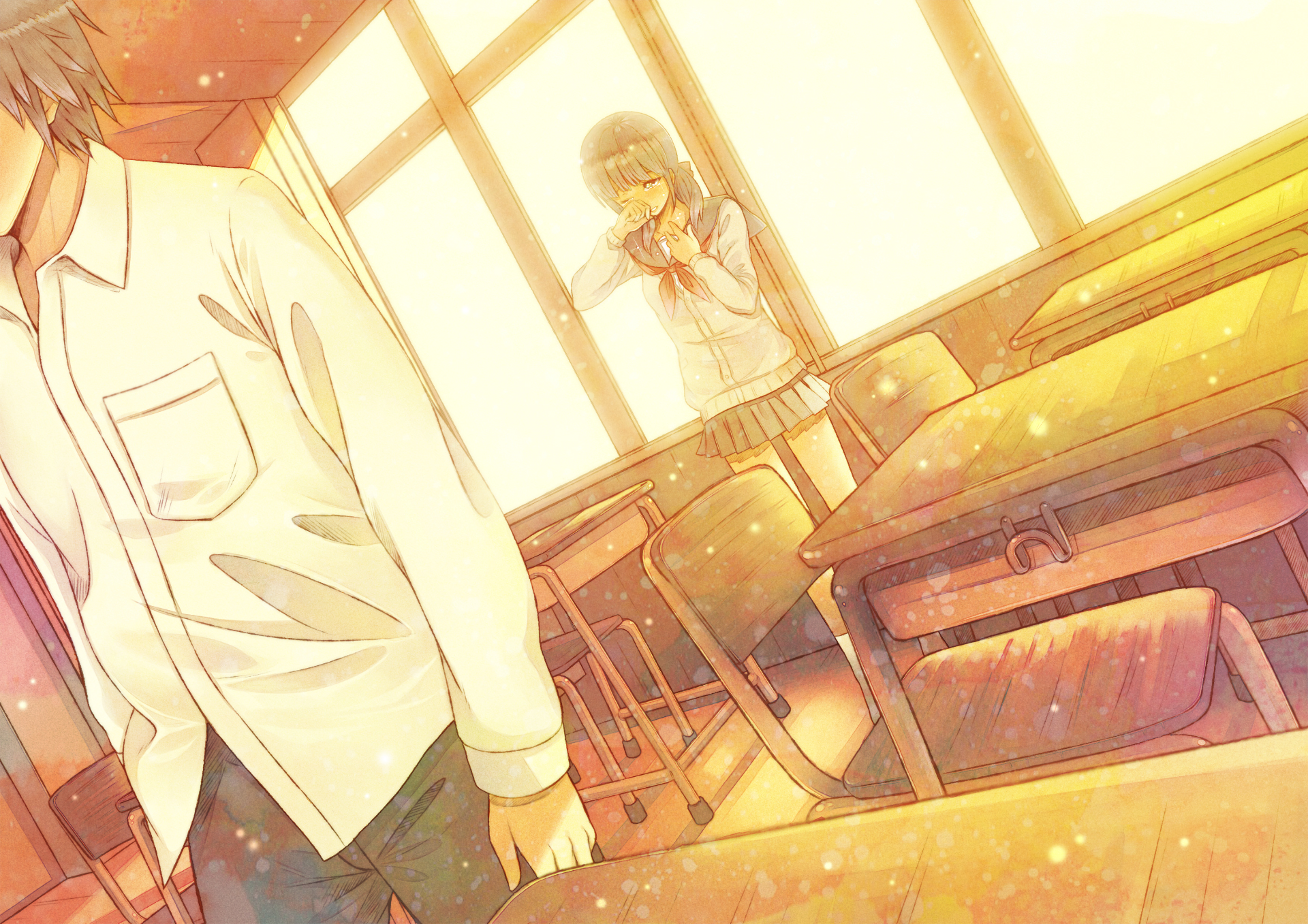 Anime-style HD desktop wallpaper featuring a sunlit classroom with two original characters, one partially shown in the foreground and another standing by the window.
