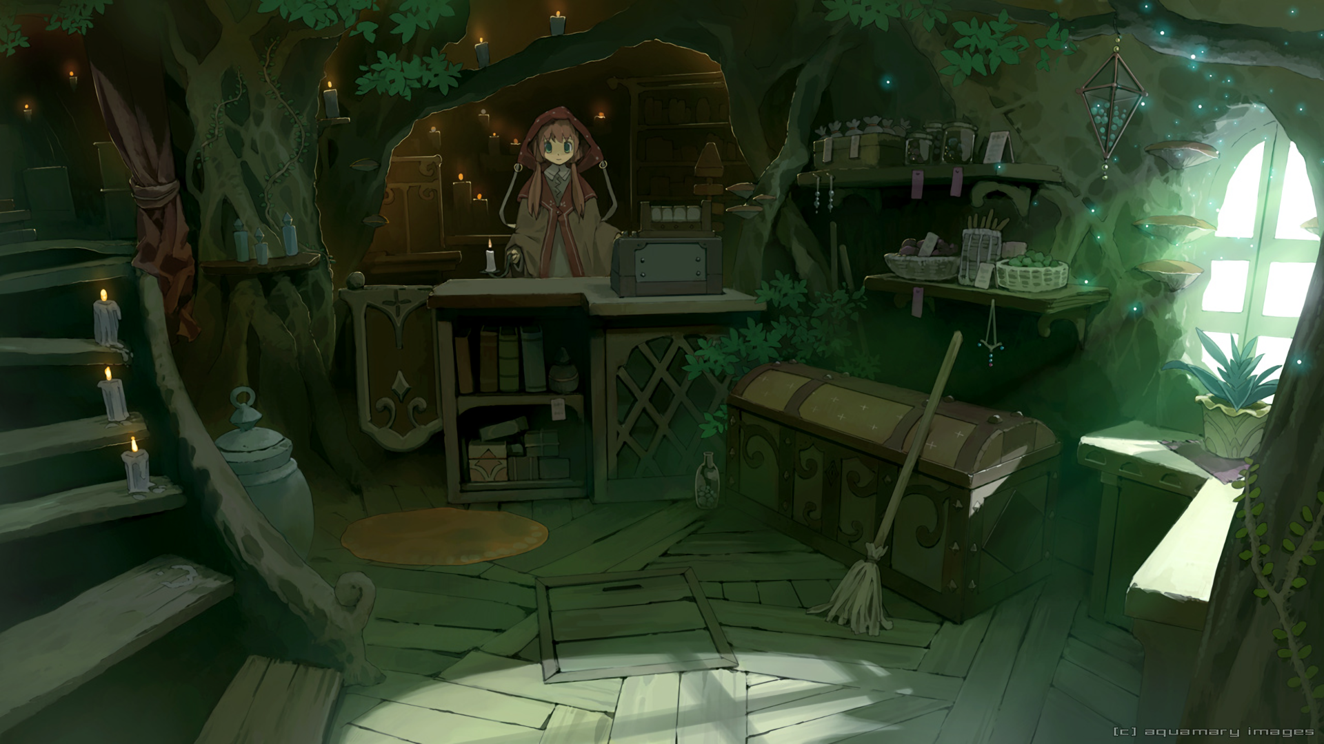 A whimsical anime-themed HD desktop wallpaper showcasing a cozy, magical interior with shelves of potions, a chest, and a character in a hood, all surrounded by greenery and soft lighting.