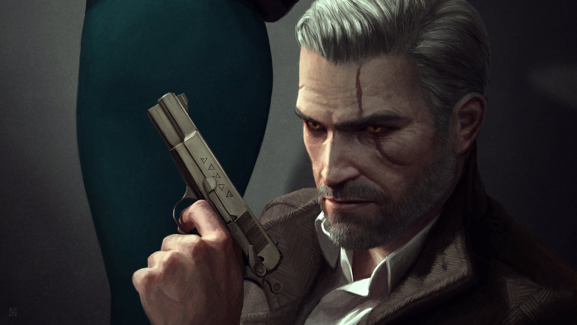 HD desktop wallpaper featuring a character from The Witcher 3: Wild Hunt, displaying a serious expression while holding a gun, with a figure in the background.