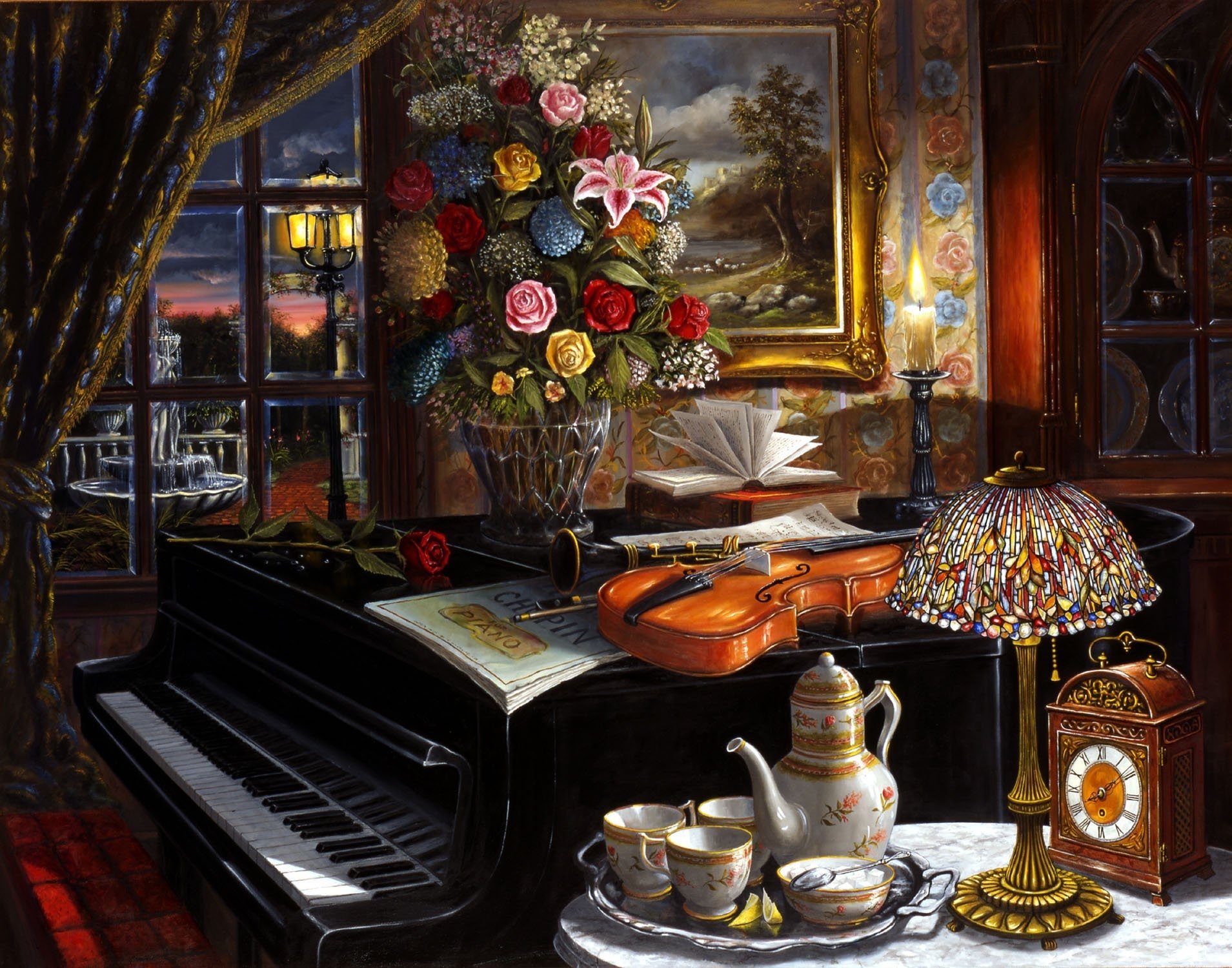 HD desktop wallpaper of an artistic living room featuring a piano with a violin, a clock, lamp, candle, flowers, and a painting by a window at sunset.