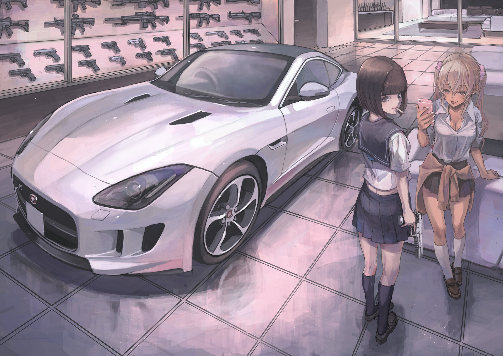 A vibrant anime-style HD desktop wallpaper featuring two characters interacting in a car showroom with a sleek white sports car and various weapons displayed in the background.