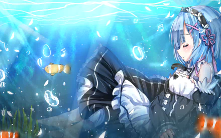HD wallpaper featuring Rem from Re:Zero - Starting Life in Another World, peacefully underwater with bubbles, fish, and floating music notes creating a serene atmosphere.