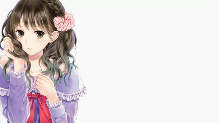 Anime-style 4K Ultra HD wallpaper of a girl with long braided green hair, wearing a dress with a bow and floral hair accessory, set against a light background.