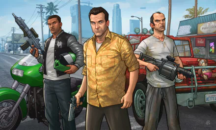 An HD desktop wallpaper featuring characters Trevor Philips, Michael De Santa, and Franklin Clinton from Grand Theft Auto V, set against a vibrant city backdrop.