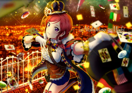 HD PC desktop wallpaper of Maki Nishikino (Love Live!) in a colorful stage costume, surrounded by playing cards and glowing city lights against a vivid, theatrical background.