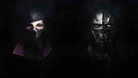 A dark HD wallpaper featuring Corvo Attano and Emily Kaldwin from the video game Dishonored 2, showcasing their distinct styles and fierce expressions.