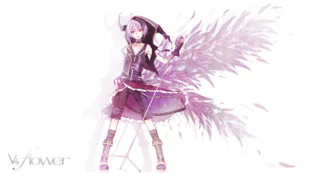 Vocaloid Flower with short pink hair and red eyes, wearing a hoodie and boots, holding a microphone as large feathered wings fan out behind her — HD anime desktop wallpaper.