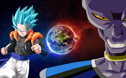 HD wallpaper featuring Goku in his Super Saiyan Blue form and Beerus, set against a cosmic background with Earth, capturing the essence of Dragon Ball Super.