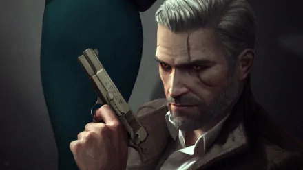 HD desktop wallpaper featuring a character from The Witcher 3: Wild Hunt, displaying a serious expression while holding a gun, with a figure in the background.