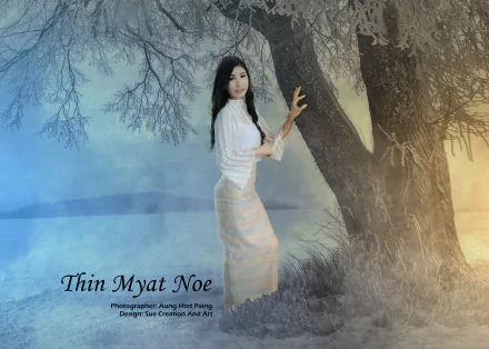 A serene 4K Ultra HD PC wallpaper featuring an Asian woman in a white dress standing by a large tree in a misty, tranquil landscape.