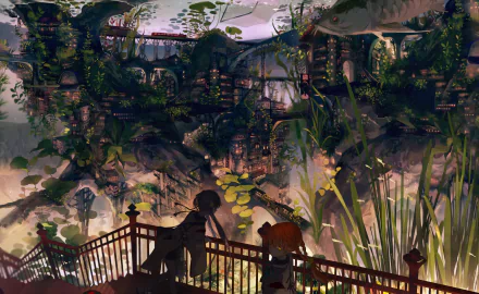 HD anime original desktop wallpaper depicting two characters overlooking a detailed, lush, and futuristic cityscape filled with greenery and intricate structures.