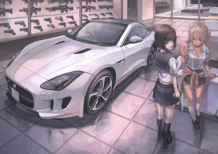 A vibrant anime-style HD desktop wallpaper featuring two characters interacting in a car showroom with a sleek white sports car and various weapons displayed in the background.