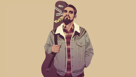 Minimalist HD desktop wallpaper featuring Drogo from Game Of Thrones, dressed in a plaid shirt and denim jacket, holding a guitar with band stickers on it.