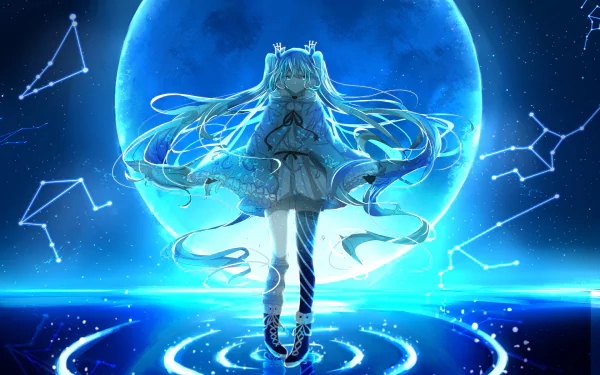 A vibrant HD wallpaper featuring Hatsune Miku, the iconic Vocaloid, set against a stunning blue moonlit backdrop with swirling water patterns and constellations.