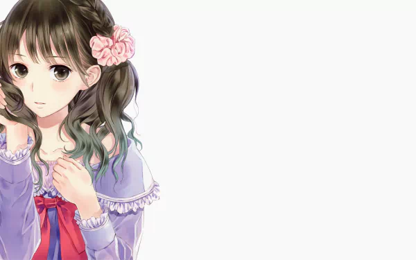 Anime-style 4K Ultra HD wallpaper of a girl with long braided green hair, wearing a dress with a bow and floral hair accessory, set against a light background.