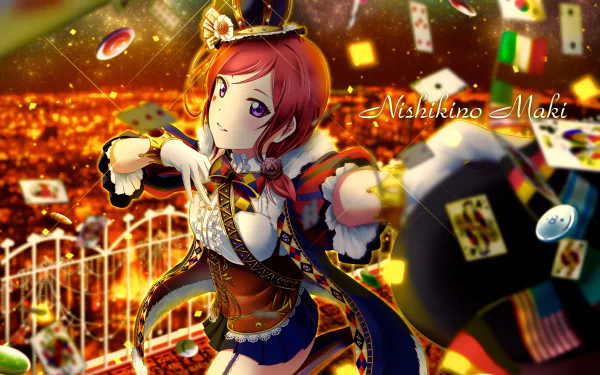 HD PC desktop wallpaper of Maki Nishikino (Love Live!) in a colorful stage costume, surrounded by playing cards and glowing city lights against a vivid, theatrical background.