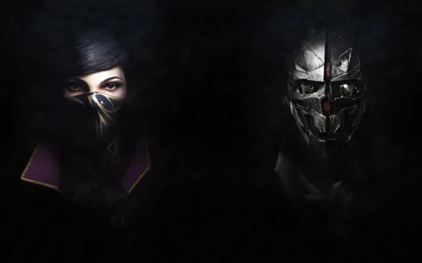 A dark HD wallpaper featuring Corvo Attano and Emily Kaldwin from the video game Dishonored 2, showcasing their distinct styles and fierce expressions.