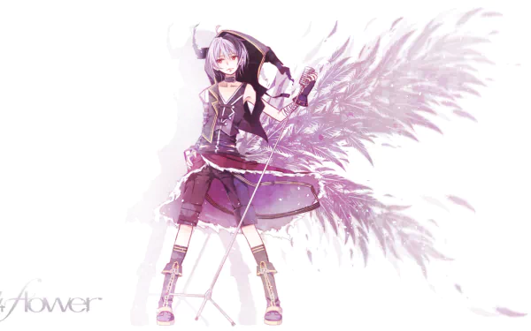 Vocaloid Flower with short pink hair and red eyes, wearing a hoodie and boots, holding a microphone as large feathered wings fan out behind her — HD anime desktop wallpaper.