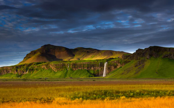 HD desktop wallpaper showcasing the Seljalandsfoss waterfall cascading from a mountain in Iceland, surrounded by lush green landscape under a moody sky.
