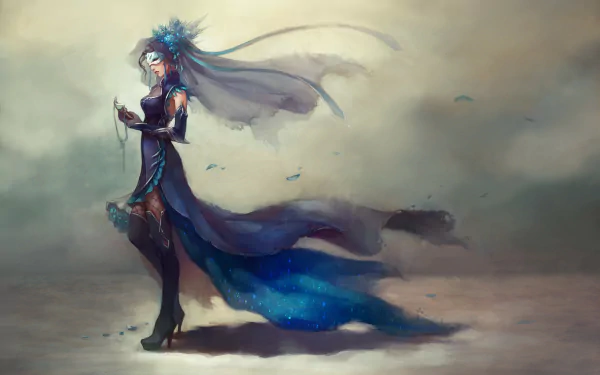 Artistic 4K Ultra HD PC desktop wallpaper/background of a masked woman in a flowing blue gown and veil, ethereal ribbons and feathers trailing across a misty landscape.