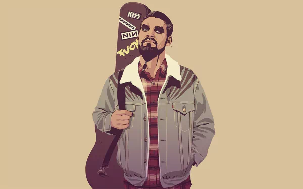 Minimalist HD desktop wallpaper featuring Drogo from Game Of Thrones, dressed in a plaid shirt and denim jacket, holding a guitar with band stickers on it.