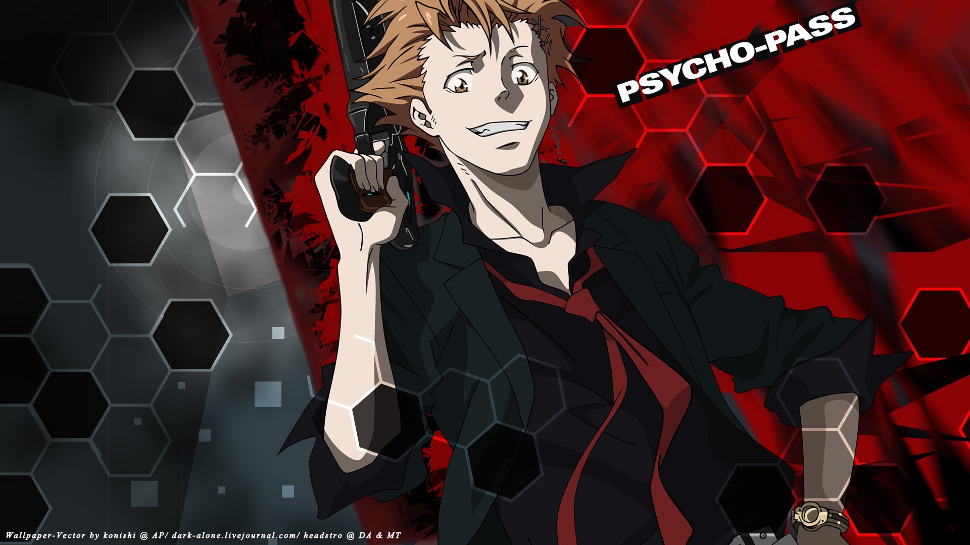 HD PC desktop wallpaper featuring Shuusei Kagari from the anime Psycho-Pass, set against a dynamic hexagonal red and black background.