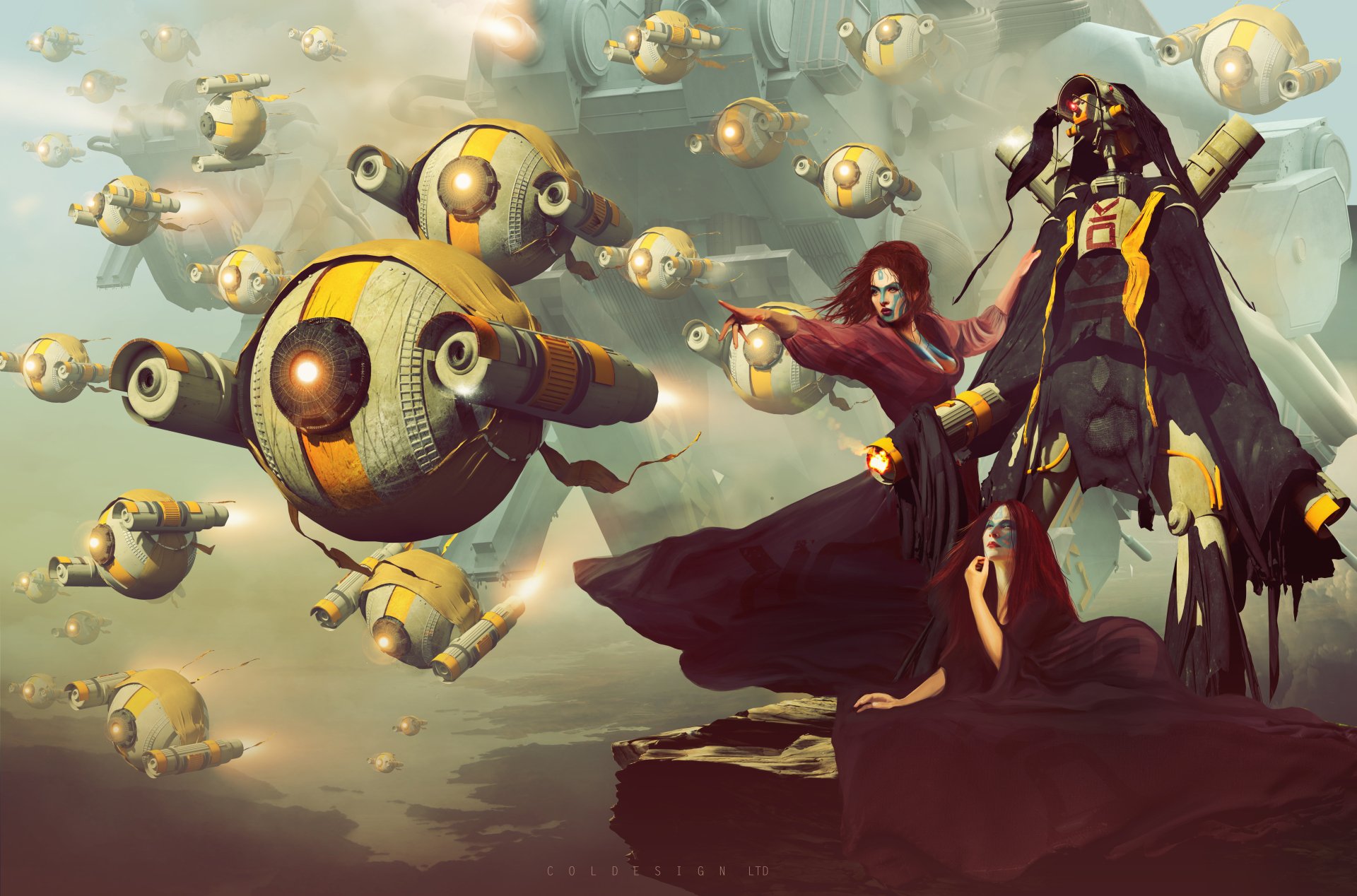 8K Ultra HD sci-fi wallpaper featuring a tattooed woman and a cloaked figure commanding a swarm of robotic drones in a futuristic, atmospheric landscape.