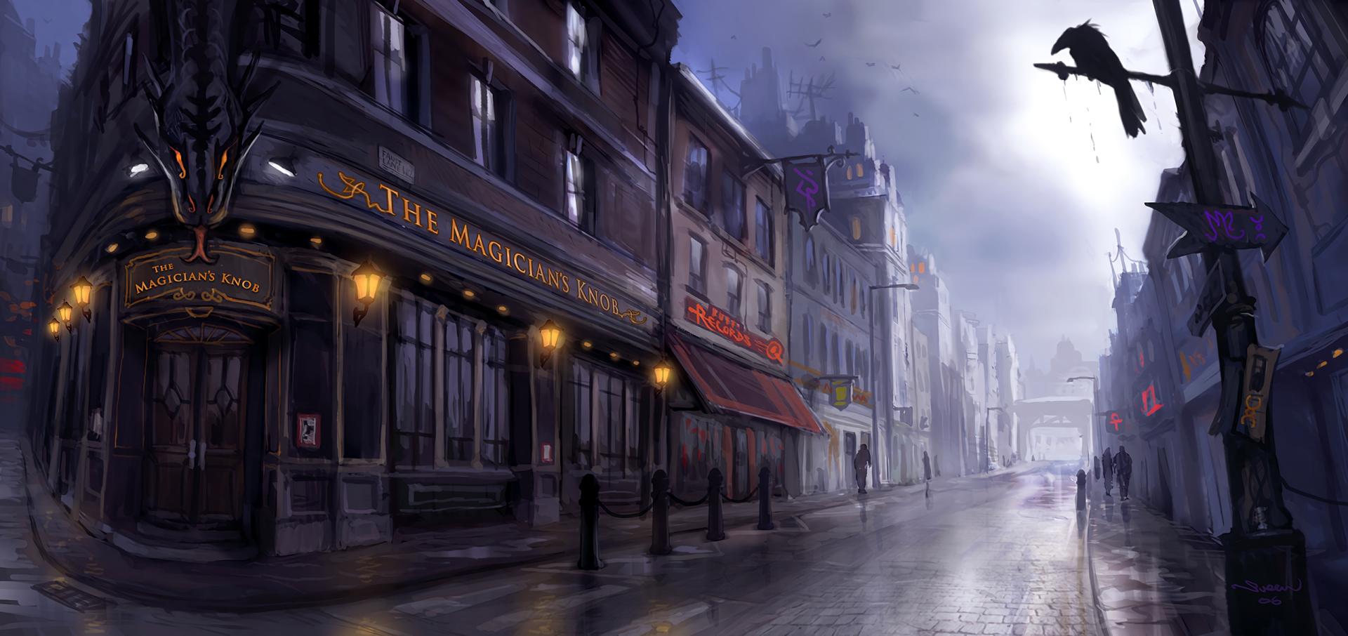 A haunting cityscape painting features a dark street lined with buildings, adorned with a raven, capturing an artistic blend of urban charm and eerie atmosphere.