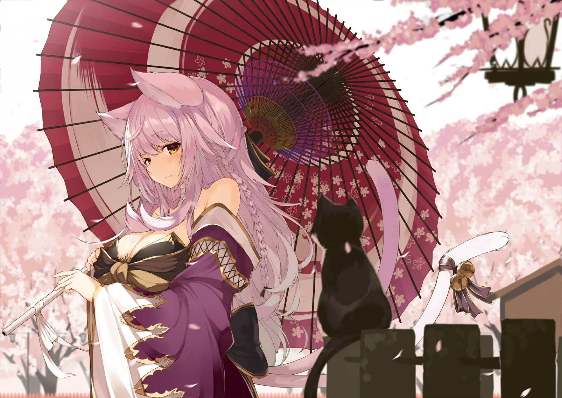 A beautiful anime-inspired HD desktop wallpaper featuring a girl with pink hair, holding a red parasol, surrounded by cherry blossoms and a black cat.