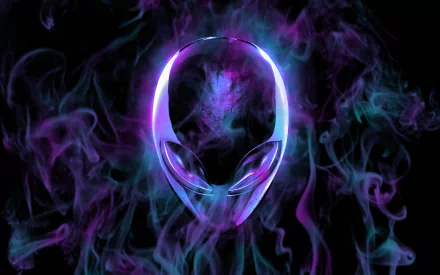 A vibrant Alienware-themed HD desktop wallpaper featuring a glowing alien logo surrounded by colorful smoke, showcasing a blend of technology and artistic design.