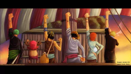 A vibrant HD wallpaper featuring the Straw Hat Pirates from One Piece, including Luffy, Zoro, Nami, Usopp, Chopper, and Sanji, raising their fists triumphantly against a sunset backdrop.