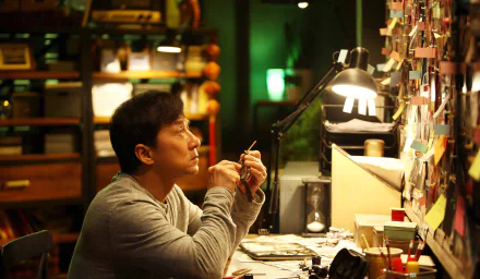 Jackie Chan appears contemplative at his desk in a scene from the movie Skiptrace (2016), surrounded by notes and a warm desk lamp in this HD desktop wallpaper.